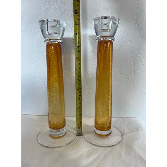 Vintage Amber Art Glass Candlesticks – Tall Bubble Glass Pair- Mid Century Style - Picture 8 of 9